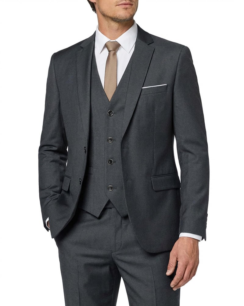 MYS MY'S Men's 3 Piece Slim Fit Suit Set with Tie, 2 Button Blazer Jacket Vest & Pants, Business Wedding Party Prom Suit for Men, Deep Grey X-Small - Image 1